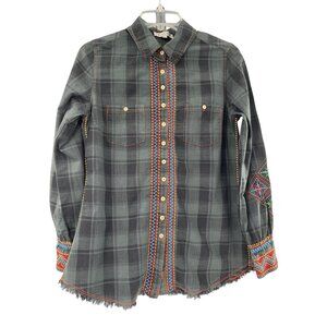 3J Workshop Johnny Was Plaid Shirt Embroidered Accents Fringe Hem Womens S‎